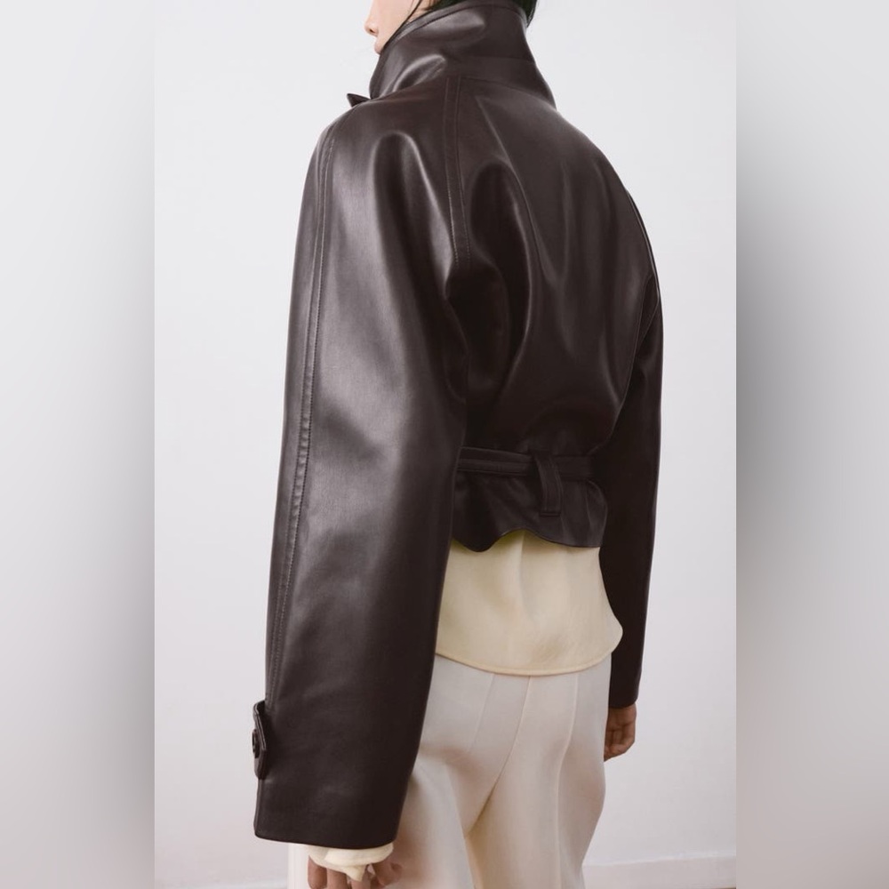 MANGO Faux Leather Belted Jacket in Maroon - Picture 4 of 7